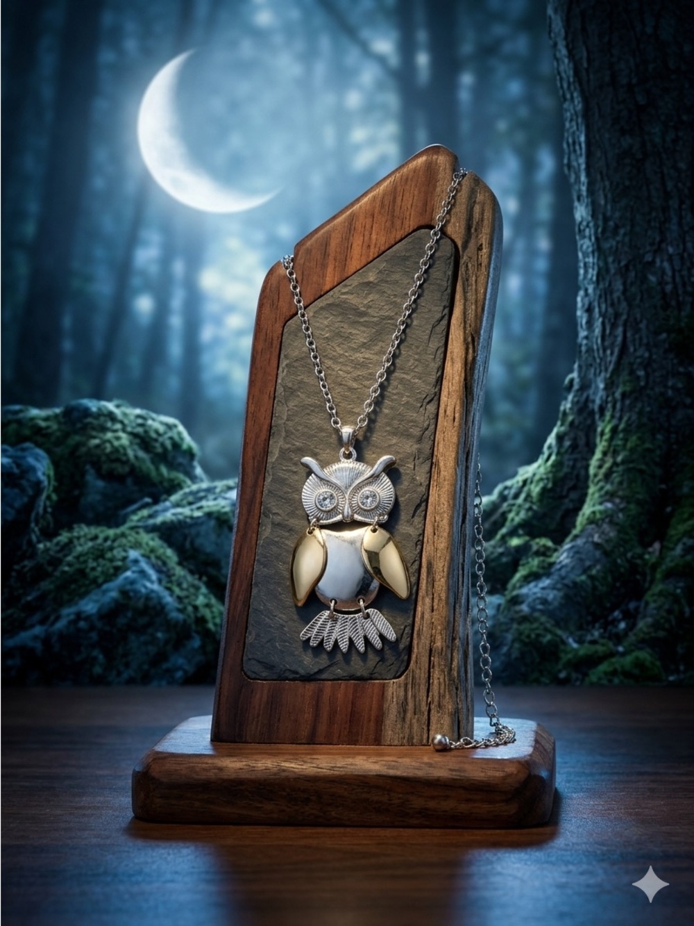 Silver and Gold Owl Pendant Necklace - Women's Jewelry